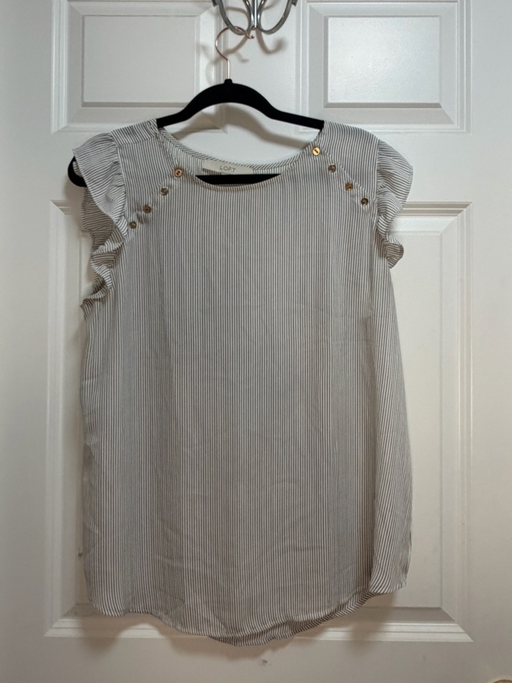 LOFT White and Black Pinstriped Ruffle Sleeve Shell with Gold Buttons